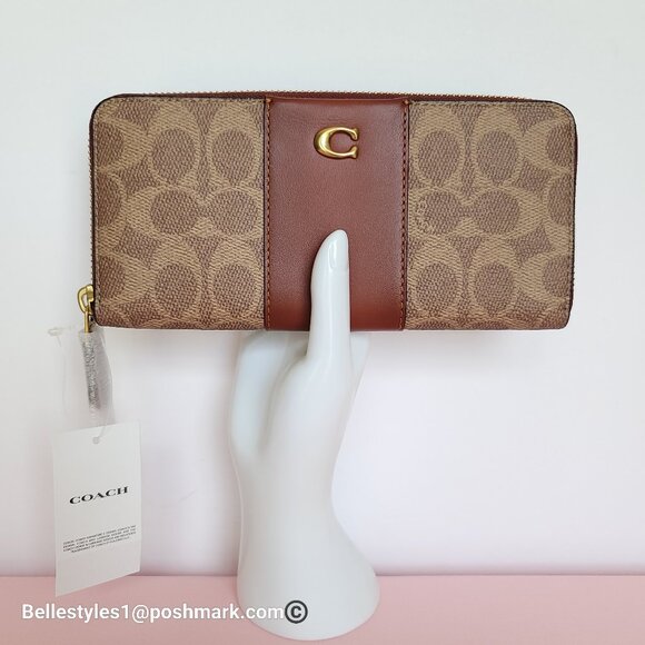 COACH Slim Accordion Zip Wallet In Signature Canvas with Back Slip Pocket- Tan R - Picture 1 of 16